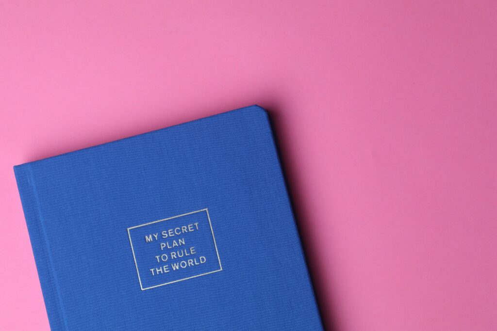 A blue planner that says ‘my secret plan to rule the world’ on the cover.